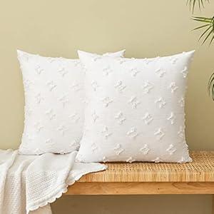 EMEMA Decorative Throw Pillow Covers Sun Flower Jacquard Pillowcase Cushion Case Square for Couch Sofa Bed Living Room Bedroom Set of 2, 16x16 Inch, White