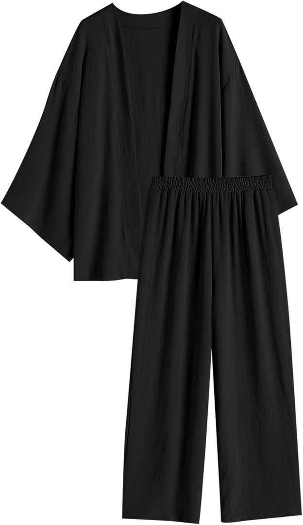 ZAFUL Womens 2 Piece Linen Outfits Loungewear Open Front Long Sleeve Shirt And Wide Leg Pants Set (Classic Black, Large)