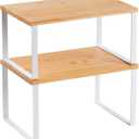 Kitchen Cabinet Organizer Shelf, Set of 2 Stackable Counter Shelves, Small Wood Cabinet Riser Shelf for Pantry Cupboard Spice Dish Mug Cup, Expandable, Metal Engineered Wood (Beige & White, 11.7''W)