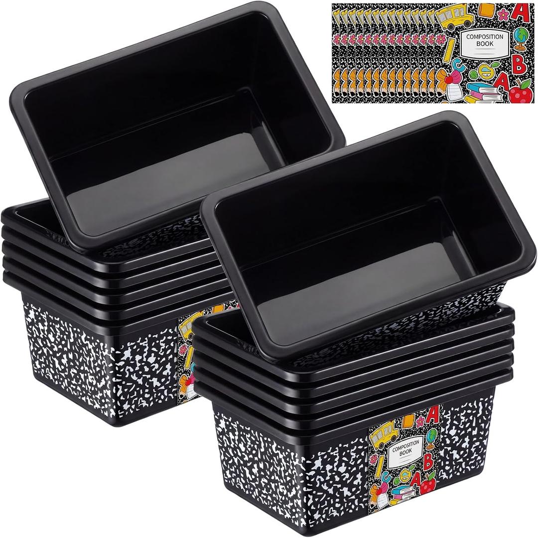 Thyle 12 Pieces Plastic Cubby Bins with Labels 11.6 x 7.7 x 5 Inch Classroom Book Bins Stacking Storage Container Organizer Storage Cubbies for Classroom Office (Cartoon)
