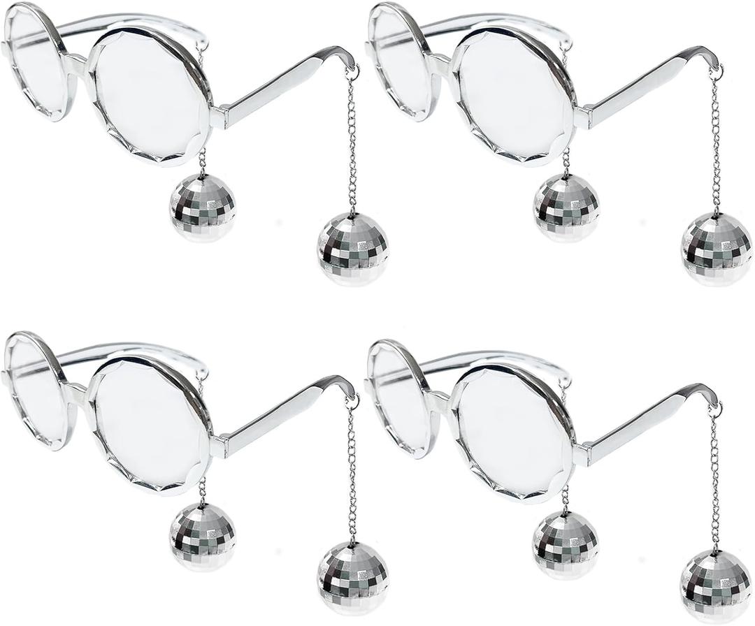 Retro Disco Ball Party Favors Funny Glasses 4 Pack, Disco Sunglasses Accessories for Women and Men (Silver)