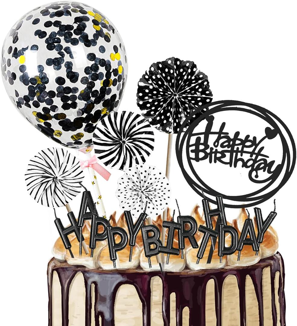 Black Cake Topper Decoration with Happy Birthday Candles, Acrylic Birthday Cake Topper, Confetti Balloon and Paper Fans for Black Theme Birthday Party Decor Girl Boy Women Man