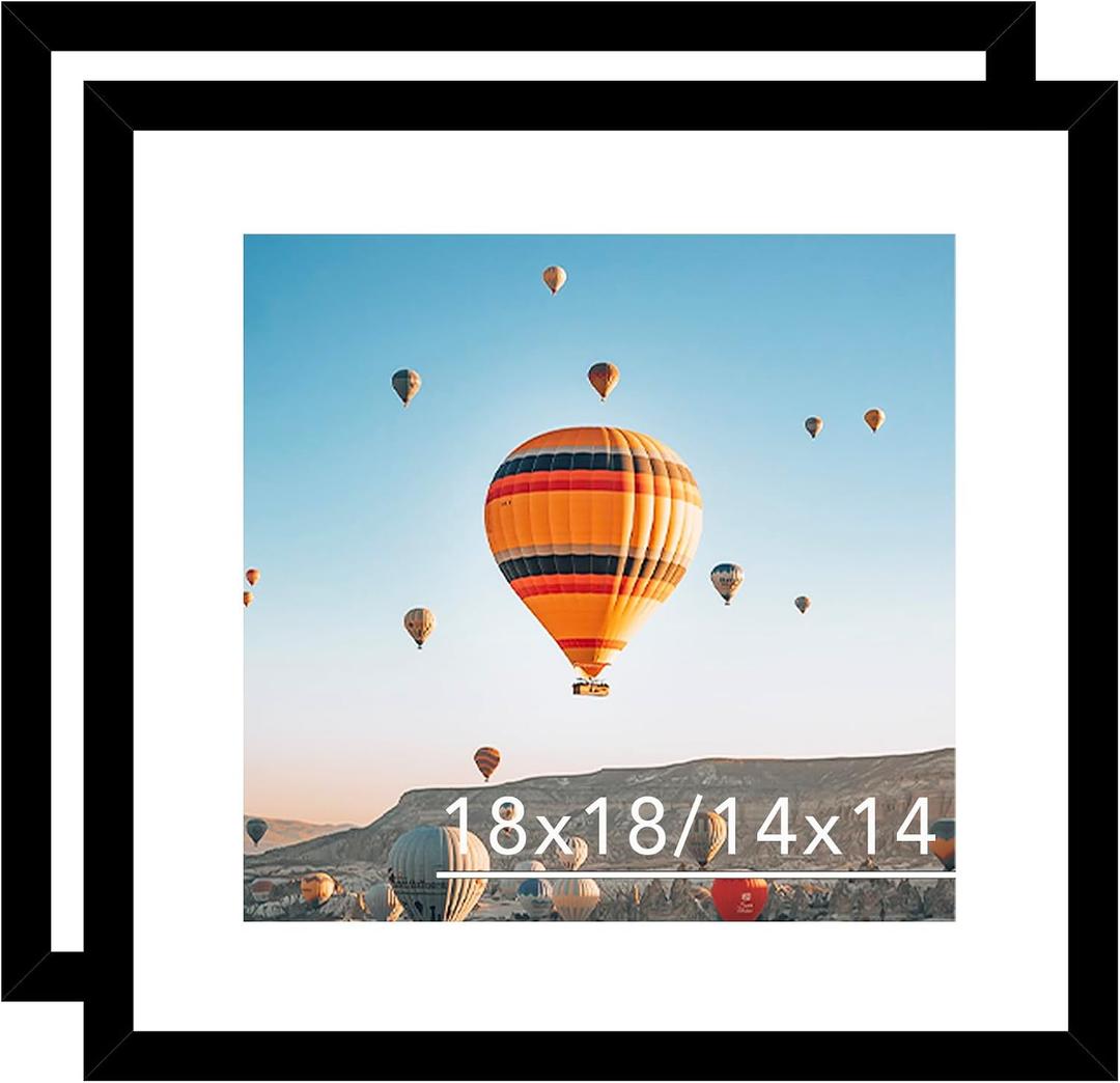 JCJMY 18x18 Picture Frame Set of 2 Black with 14x14 Mat, Display Photo 14x14 with Mat or 18 x 18 Without Mat, Wall Hanging Large 18x18 Poster Frame with Shatter Resistant Plexiglass, 2 Pack, Black