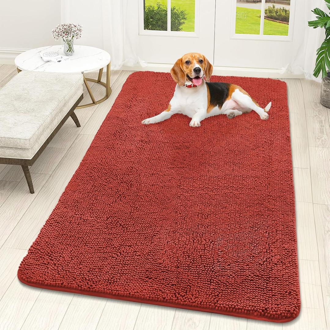 OLANLY Dog Door Mat for Muddy Paws 59x32, Absorbs Moisture and Dirt, Absorbent Non-Slip Washable Doormat, Quick Dry Chenille Mud Mat for Dogs, Entry Indoor Entryway Carpet for Inside Floor, Maple Red