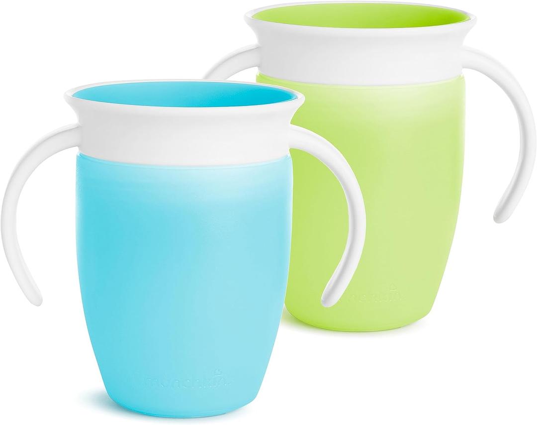 Munchkin Sippy Cup for 6 Month Old and Up, Spill Proof Miracle 360 Toddler Cups with Transition Handles, 7 Ounce, 2 Pack, Blue/Green (2-Pack, Blue, Green)
