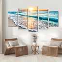 Goldfoilart 5 Pieces Beach Coastal Wall Art Sea Sunset Seascape Pictures Ocean Photography Canvas Large Horizontal Landscape Multi Framed Artwork for Bedroom Living Room Bathroom Wall Decor