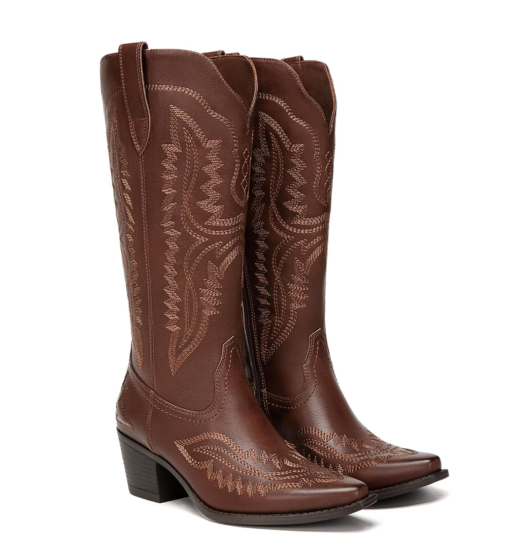 Size 8 Athlefit Women's Square Toe Cowboy Cowgirl Boots Low Chunky Heel Embroidery Western Mid Calf Boots for Country Concerts