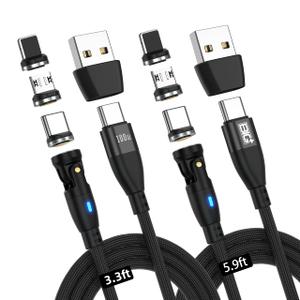 BIG+ Magnetic Charging Cable 2 Pack- (3.3ft/5.9ft) 100W USB C | 540 Swivel Head,6 in 1 PD Fast Charging Magnetic USB C Nylon Braided Cable,Micro USB A/C for i-Products,Android
