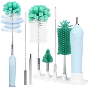 Electric Bottle Brush Cleaner with Holder, Rechargeable Automatic Water Bottle Cleaner with Stainless Steel Extension Handle, Extra Long Water Bottle Brush,Nipple Brush, Straw Cleaner Brush, (Blue)