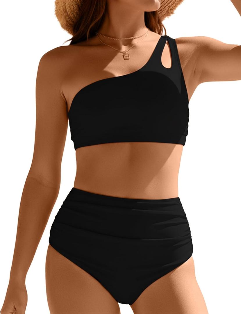 Buauty One Shoulder Swimsuits for Women High Waisted Bikini Set Ruched Two Piece Bathing Suit Beach Vacation Swimwear (Medium, A01-black)