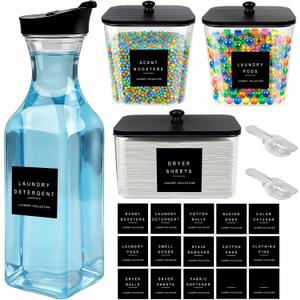 POLRAI Laundry Pod Containers and Dryer Sheet Holder and Laundry Detergent Dispenser Clear Laundry Room Organization and Storage with Wooden Lids Labels and spoon （2+1+1 Pack）