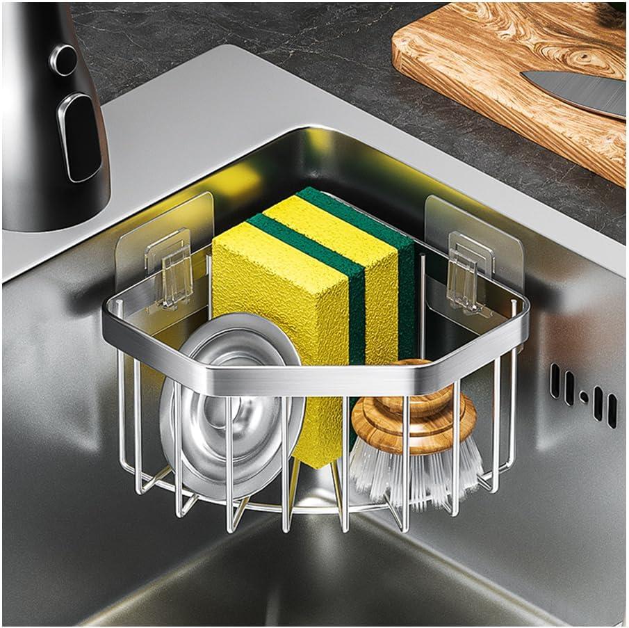 Anjing Kitchen Sink Caddy Corner Sponge Holder Organizer, Stainless Steel Adhesive with 4 Hooks (Silvery)