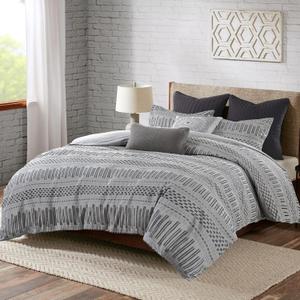 INK+IVY Rhea Luxurious Cotton Bedding Set - Mid Century Trendy Geometric Design, All Season Cozy Cover With Matching Shams, Grey/Black Comforter Set, Full/Queen 3 Piece