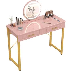 WESTREE Vanity Desk with 2 Drawers and Storage Shelf, Modern Makeup Table with Glossy Desktop, Gold Metal Frame Writing Desk for Bedroom or Home Office, No Mirror (40 Inch, Pink)