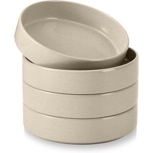 E-far Pasta Bowls Set of 4, 35oz Ceramic Large Salad Bowl Plates for Serving Soup Dinner, Shallow Stoneware Pasta Plate, Microwave & Dishwasher Safe, Speckled Khaki