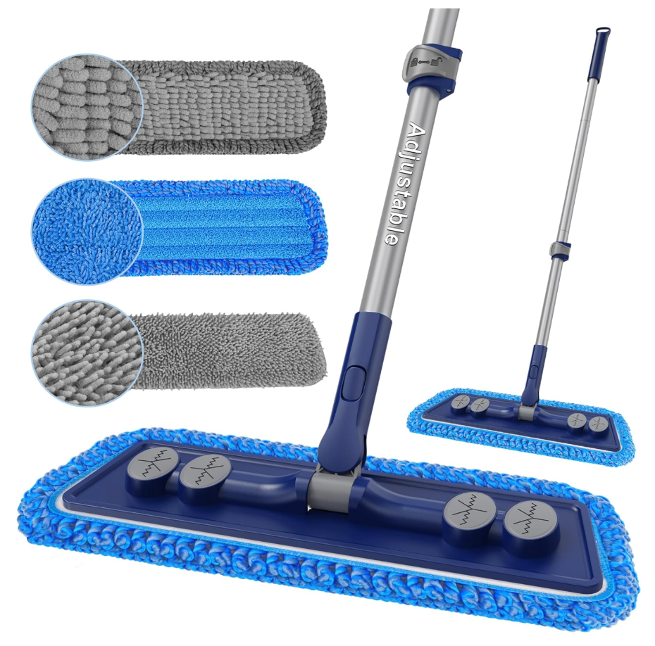 FORSPEEDER Microfiber Mops for Floor Cleaning  Dust Mop for Hardwood Floors with 55” Adjustable Handle 3 Thickened Washable Pads  Wet Dry Mopping for Pet Hairs Walls Tile Wood Laminate Home Kitchen