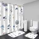 DDQQ 4Pcs Flower Shower Curtain Set with Floral Bathroom Sets, Blue Floral Shower Curtain with 12 Hooks, Bathroom Decor with Rugs Bath Accessories with Shower Curtains for Bathroom Toilet Lid Cover