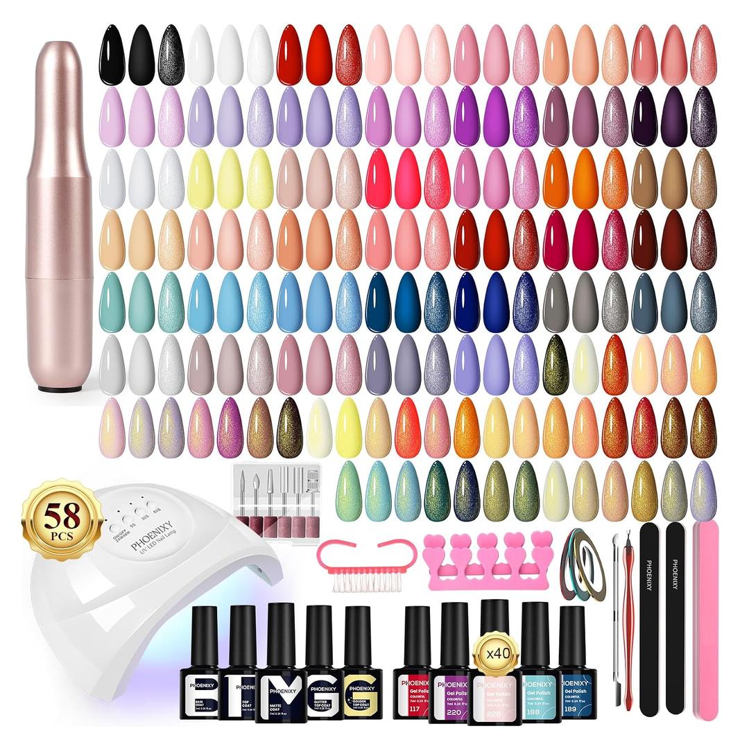 Phoenixy 58Pcs Gel Nail Polish Kit with UV Light and Nail Drill, 40 Colors Gel Nail Polish 5Pcs Glossy Matte Glitter Gold Silver Top Base Coat Home DIY Nail Kit Art Manicure Gifts for Women & Girls