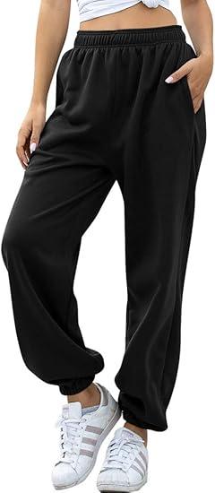 HeSaYep Women's High Waisted Sweatpants Workout Active Joggers Pants Baggy Lounge Bottoms L Black