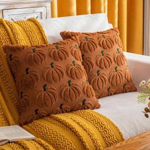 Pumpkin Fall Decorative Throw Pillow Covers 20"x20", Set of 2 Rust Green Soft Faux Fur Pillow Covers for Autumn Harvest, Fluffy Plush Accent Pillow Cases for Farmhouse Halloween Decor