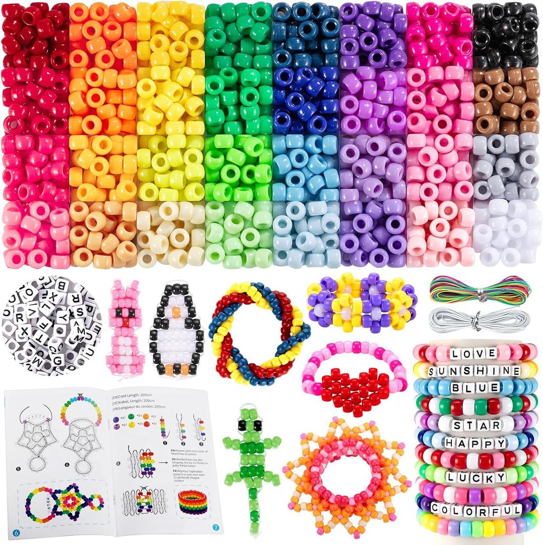 Zefy Pony Beads for Bracelets and Crafts, 32 Colors Kandi Beads with 10 Kandi Cuff Designs and 6 Bead Pets Designs, Friendship Bracelet Kit with Letter Bead for Keychain Jewelry Making (2000+ Pcs)