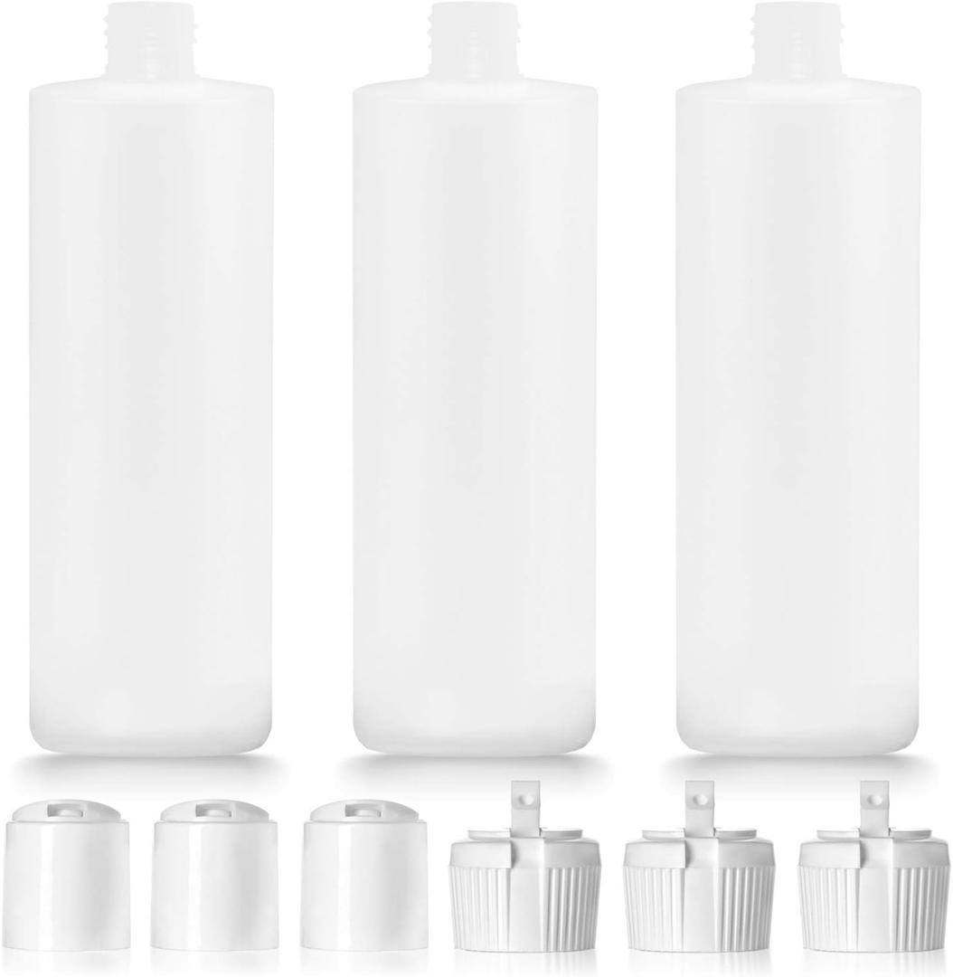 Plastic Bottle with 6 Caps in 2 Styles - BPA Free Latex-Free, Food-Grade, Great for Shampoo, Body Wash, Sauce and More, 3 Pack 16oz