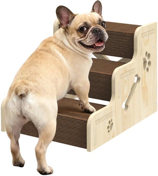 Dog Stairs for Small Dogs, 3-Step Wooden Dog Ramp for Bed, Couch & Car, Non-Slip Pet Stairs for Small Old Short-Legged Puppy & Cat, Indoor Pet Steps with X-Brace Support, Dog Ramp-1 Pack