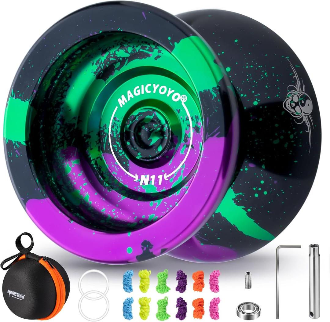 MAGICYOYO N11 Professional Yoyo  Unresponsive Design for Adult Tricks, Suitable Yoyo for Kids 8-12 or Above, Dual-Purpose Responsive Bearing, 12 Extra Strings, Case, Bearing Kit - Black Green Purple