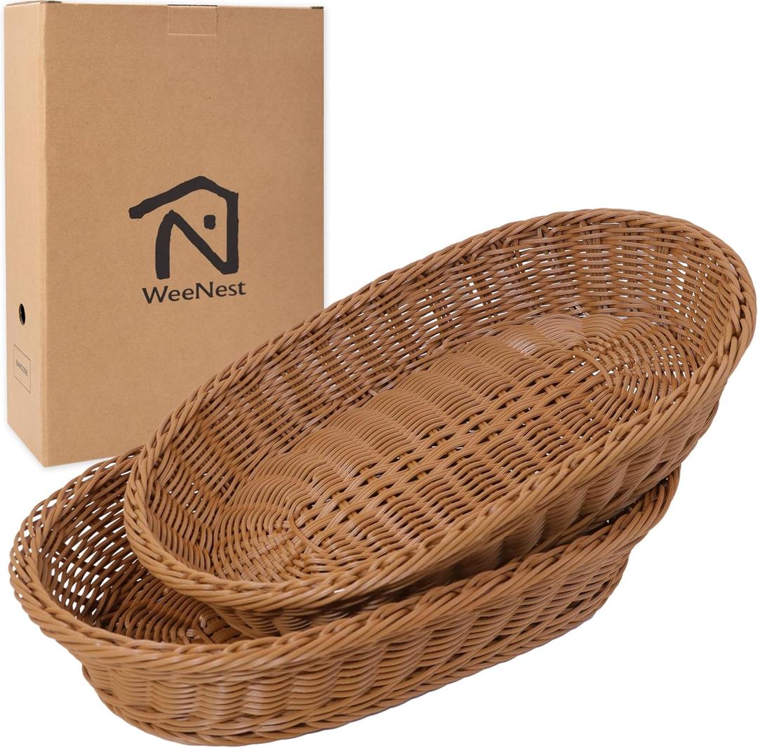 Wicker Bread Basket, Woven Basket as Serving Tray, Bread Serving Storage, Oval Resin Wicker, 2 pcs, Light Brown