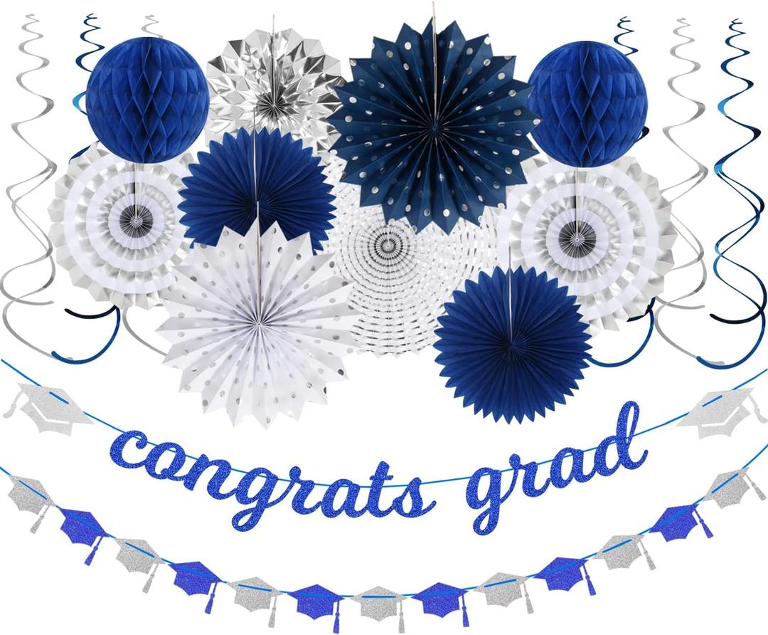 Navy-blue Silver Party-Decorations Graduation Banner-Streamers - 18pcs Kits 2026 Congrate Grad Garland,Congratulations Paper Tissue Pom Poms Fan,Honeycomb Lanterns Decor Panduola