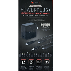 Helix Powerplus+ 67W Universal Laptop Charger with 2 Usb c Cable and Adapter Tip