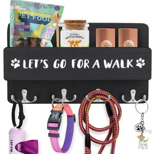 Wood Dog Leash Holder for Wall, Key Hangers with 4 Double Key Hooks, Dog Leash Hanger Wall Mounted for Entryway, Farmhouse Treats,30cm, Black