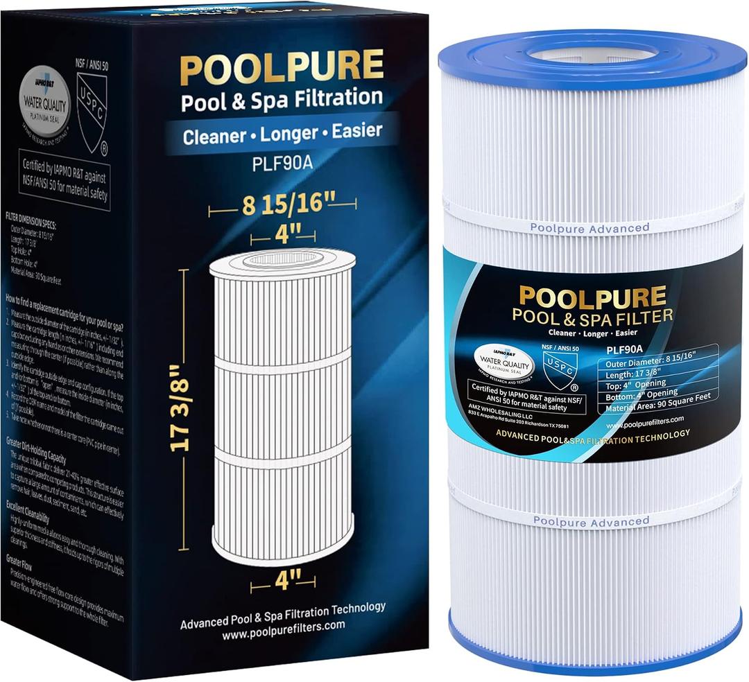 POOLPURE PLF90A Pool Filter Replaces Hayward C900, CX900RE, Pleatco PA90, Ultral-B6, Unicel C-8409, Filbur FC-1292, Sta-Rite PXC95, 90 sq.ft, L x OD: 17 3/8" x 8 15/16" (1 Pack)