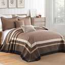 QuiltMuse Farmhouse Bedspreads Queen Size 102"x120" - 100% Cotton Lightweight Oversized Queen Quilt with 2 Pillowshams, Cottage Plaid Quilted Bedding Coverlet Set for All Season, 3Pcs, Brown/Beige