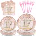 96 PCS 17th Birthday Party Decorations Rose Gold 17 Years Old Birthday Party Plates and Napkins Disposable 17th Birthday Paper Tableware Set for Girls Seventeen Birthday Party Supplies, Serves 24