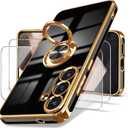 Dretal for Samsung Galaxy S25 FE 5G Case, Screen Protector, 360° Rotatable Ring Holder Magnetic Kickstand, Plated Gold Edge Slim Soft TPU Protective Phone Case Cover for Galaxy S25 FE (Black)