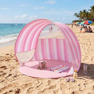 WILLBOND Pop up Beach Tent, Pink Stripe Easy Setup Sun Shelter Beach Shade for Kids & Adults, Portable Lightweight Waterproof Baby Canopy Cabana for Camping Outdoor Family Activities (2 People)