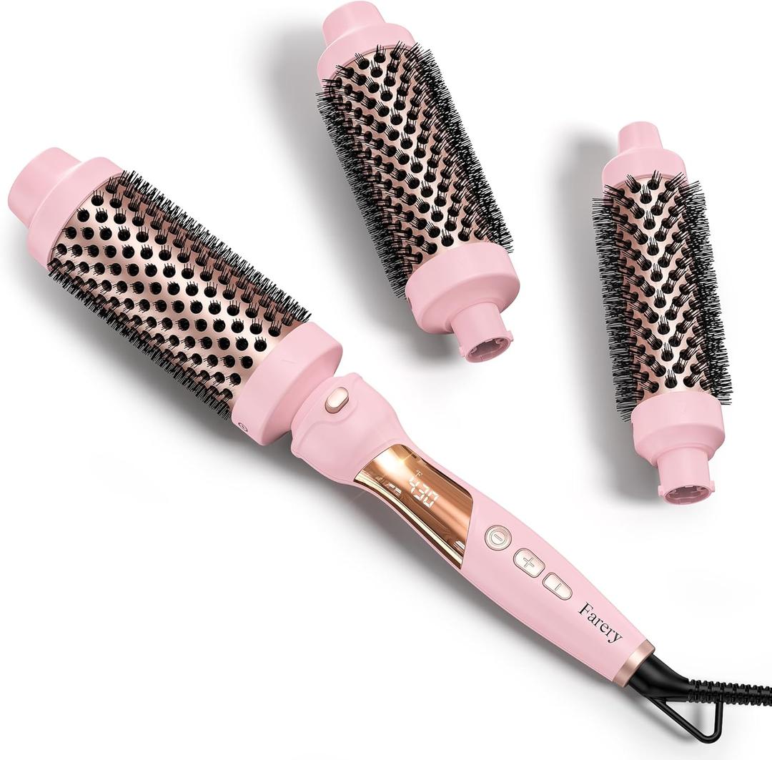 Farery Thermal Brush Set 3 in 1, Ceramic Curling Wand & Hot Brush with 9 Temperatures. 3 Interchangeable Travel Curling Irons for Short, Medium & Long Hair (1.25'', 1.5'' & 1.75'' Barrels)