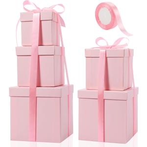 Cholemy 5 Pcs Square Nesting Boxes Decorative Gift Boxes with Lid and Ribbon Assorted Sizes Wrap for Wedding, Carnival, Anniversary, Birthday, Bridal Shower Party Gifts(Pink)