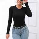 MANGDIUP Women's Bodysuit - Long Sleeve Round Neck Stretch Top Bodysuit Jumpsuit (Medium, Black)