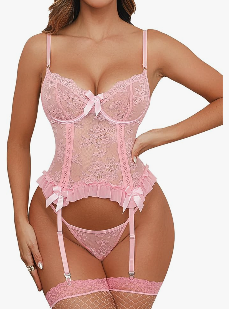 Donnalla Women Sexy Lingerie Set Floral Lace Bodysuit Garter Lingerie Teddy with Panty Stockings, Medium