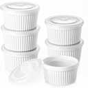 DOWAN Ramekins with Lids 4 oz Oven Safe, Creme brulee Souffle Dishes Ramekins with Covers, Porcelain Small Bowls for Baking Custard Cups, Set of 6, White