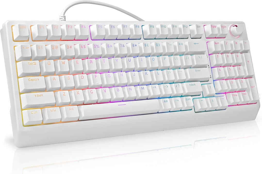 HUO JI Mechanical Gaming Keyboard Wired, 17 LED Backlit Modes, Liner Red Switch, Volume Knob, Anti-Ghosting, Double-Shot Shine Through Keycaps, 96% Light Up Keyboard for PC Mac (White)