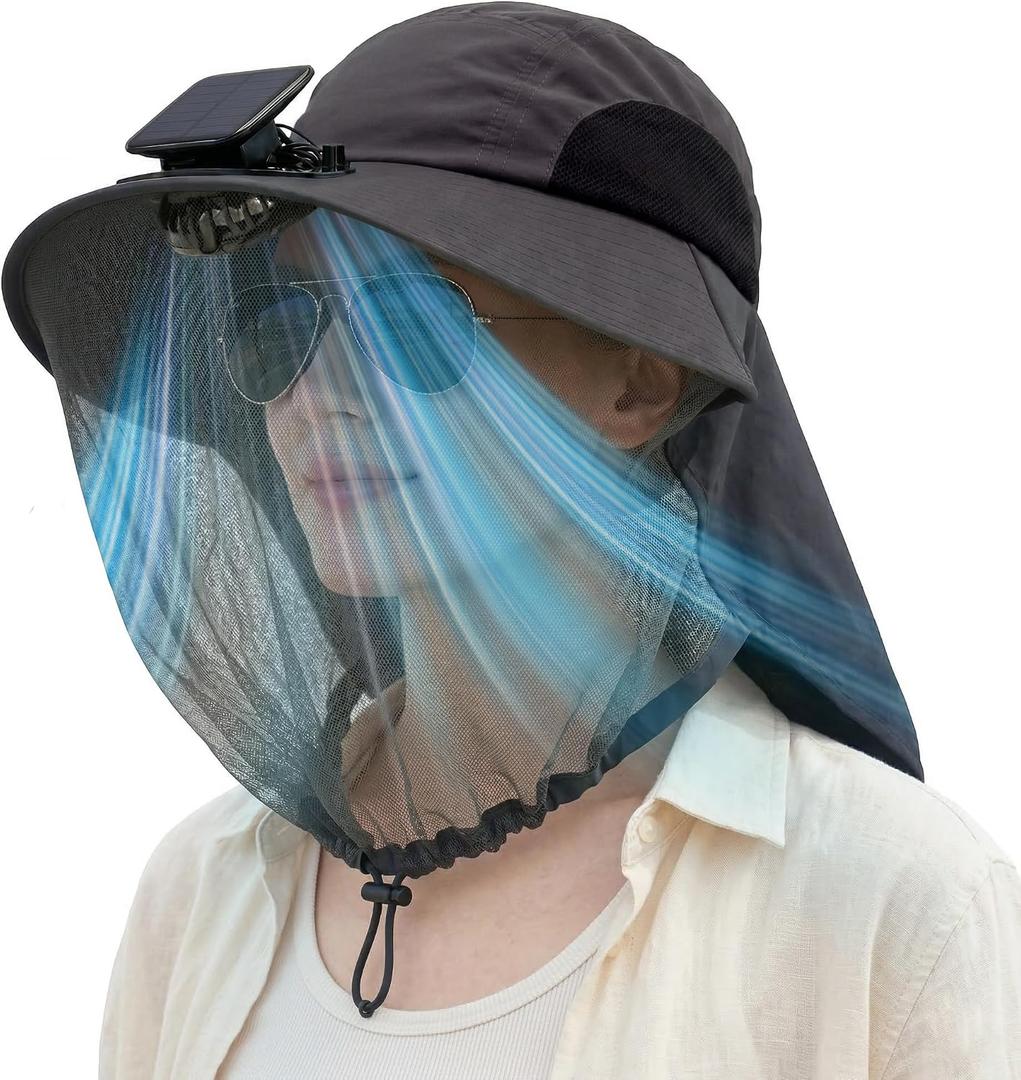 Short Brim Sun Hat with Solar Fan & Face Net Mask for Men Women UPF 50+ Neck Flap for Garden Outdoor Fishing Beach Essential (Beige)