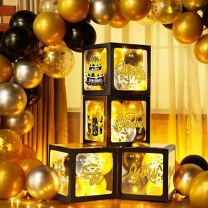 Funrous 51 Pcs Gold and Black Birthday Party Decorations for Men Women Black and Gold Birthday Balloon Boxes with LED Light and Stickers Backdrop Photo Props for Party Supply Balloon Arch Kit