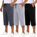Neer 3 Pack Men's Baggy Capri Pants Plus Size Below Knee Casual 3/4 Shorts Big and Tall Summer Drawstring Pants with Pockets (Black, Light Gray, Dark Gray)