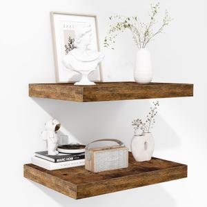 Fun Memories Floating Shelves - 2 Pack 12 Inch Deep Rustic Wooden Wall Shelves - Extra Deeper & Thicker Wall Mounted Storage Shelf for Living Room, Kitchen, Farmhouse - 16" W x 12" D x 1.5" H - Brown