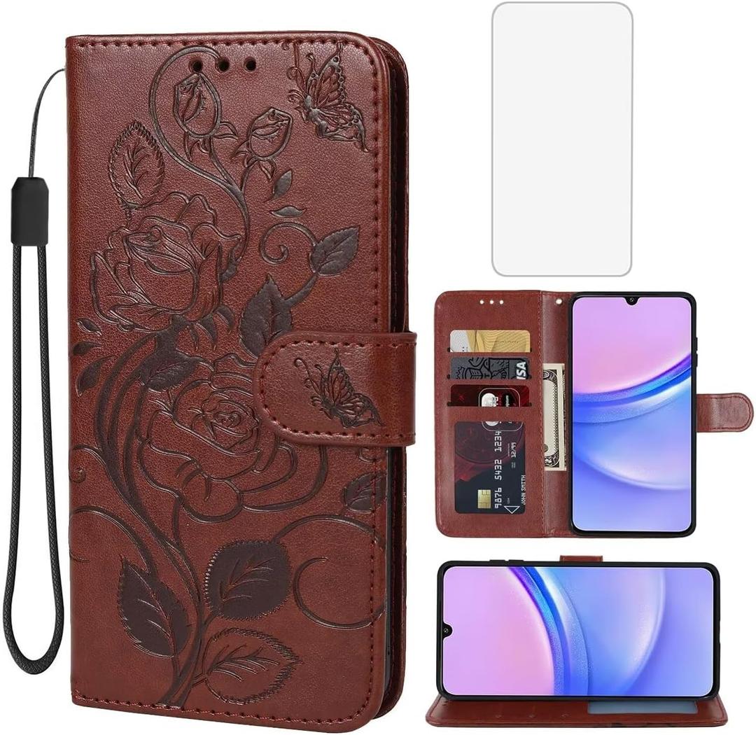 Case for Galaxy A15 5G, Samsung A15 5G SM-A156U Wallet Case with Tempered Glass Screen Protector, Flower Leather Flip Credit Card Holder Stand Phone Cover for Samsung Galaxy A15 5G Brown