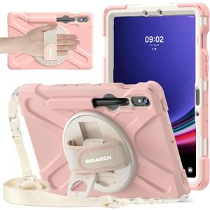 BRAECNstock for Samsung Galaxy Tab S10 Lite/ S10 FE/ S9 FE/ S9/ S8/ S7 5G Case 10.9"/11", Shockproof Protective Kids Case with Pen Holder, Rotating Hand Strap & Stand, Shoulder Strap, Sakura Pink
