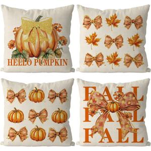 Fall Pillow Covers 18x18 Inch Set of 4 Pumpkin Maple Leaves Bow Decorative Throw Pillow Cases Autumn Harvest Soft Pillowcase for Home Farmhouse Living Room Decor